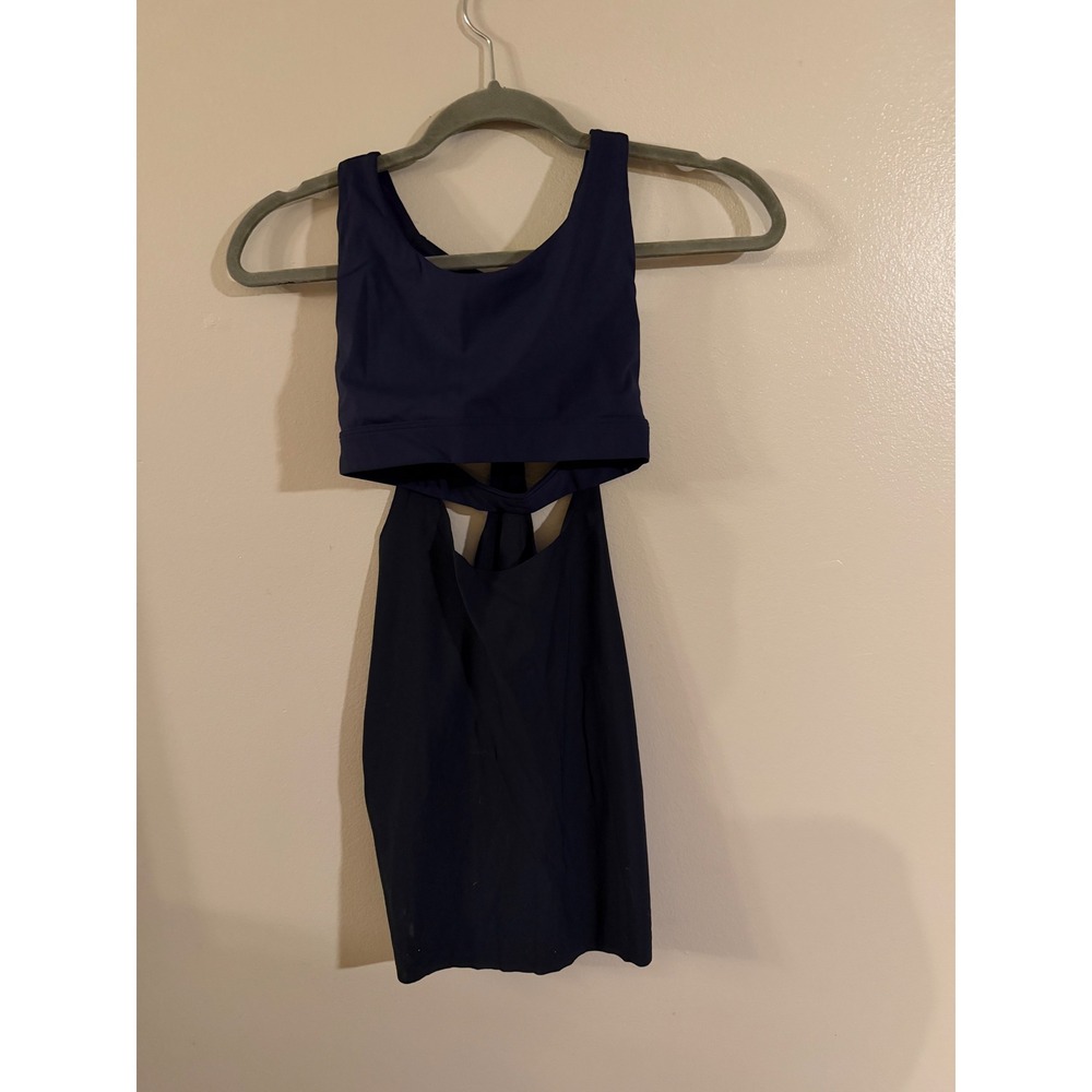 Athleta Womens XS Navy Blue 2-in-1 Sports Bra Tank Top Open Back Yoga Layered